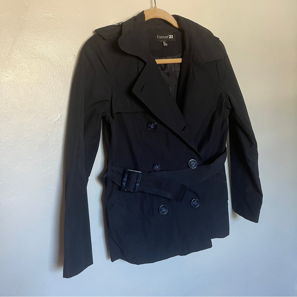 Forever 21 F21 Navy Blue Short Trench Raincoat Jacket w Belt, Size Small - Picture 8 of 10